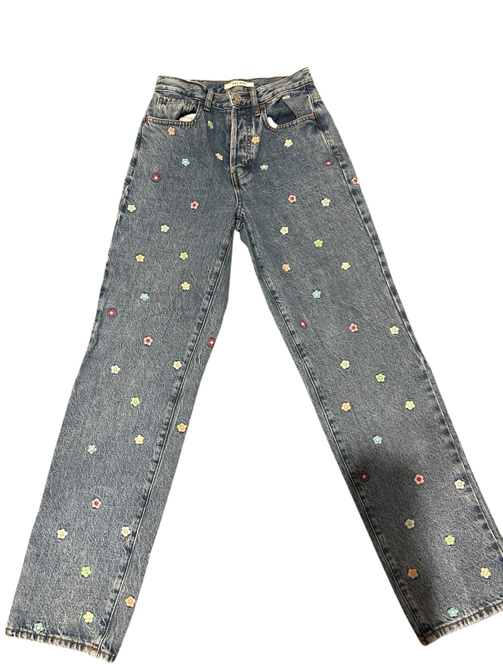 PacSun Dad Blue Jeans Womens 24 Embroidered Flowers 100% Cotton Denim